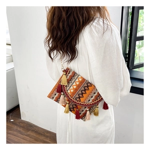 Detail of ethnic knit crossbody bag featuring colorful geometric patterns and long tassels