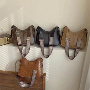Vintage PU leather bucket bags in four colors with stylish wide woven shoulder straps