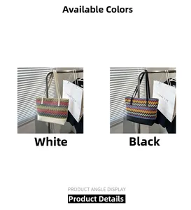 Detail of knit tote bag featuring colorful wavy patterns and premium leather straps