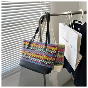 Chic woven tote bag with colorful wave patterns and premium faux leather shoulder straps