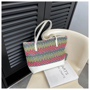 Fashion woven zigzag tote bag with white leather handles for women spring 2024