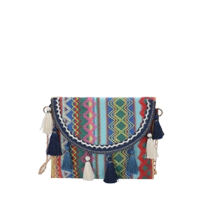 Colorful bohemian woven crossbody bag with ethnic patterns, tassels and gold chain strap