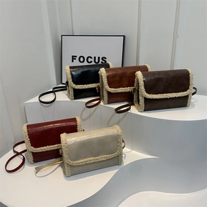 Fleece patchwork faux leather crossbody bags in five colors for autumn and winter style