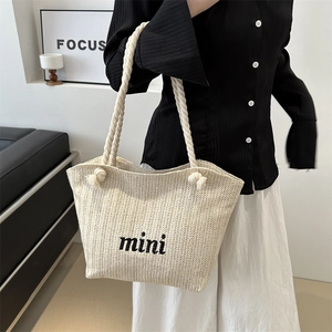 Woven Straw Tote Bag With Cotton Rope Handle Mini Letter Embroidery Casual Summer Beach Shoulder Handbag Zipper Closure