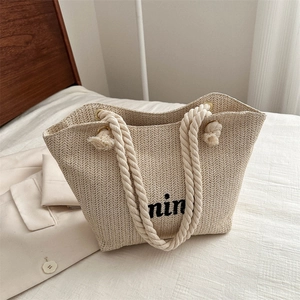 Summer woven straw tote bag with black letter embroidery and thick cotton rope handles