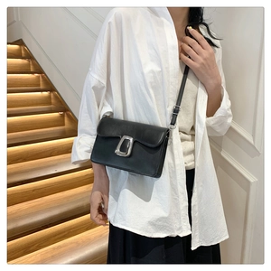 Close-up of a stylish black leather square crossbody bag with a silver metallic buckle