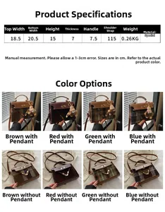 Size chart and color display for vintage plaid handbag showing dimensions and four color options