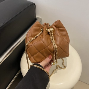 Women Quilted Rhombic Bucket Bag PU Leather Drawstring Crossbody With Artificial Pearl Metal Chain Elegant Trendy Shoulder Bag
