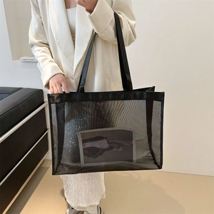 Minimalist black mesh tote bag with high capacity and transparent design for women