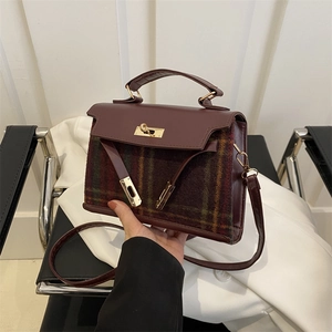 Vintage Crossbody Handbag For Women Plaid Woolen PU Leather Mix Gold Lock Top Handle Retro Style With Plush Charm