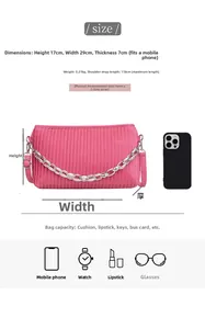 Detailed size specifications for fuchsia pleated shoulder bag with silver chain