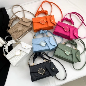 Chic croc-embossed square crossbody bag set with ruched handle and metal buckle