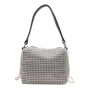 Chic silver rhinestone shoulder bag with black strap and elegant metal chain detail