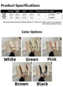 Tableau des tailles détaillé et options de couleurs pour le sac fourre-tout en paille