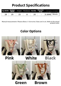 Detailed size chart and five color options for woven summer tote with silk scarf decoration