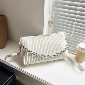 Fashionable white pleated shoulder bag with silver chain strap and minimalist design