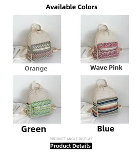Detailed close-up of woven crossbody bags showing colorful wave patterns and textures