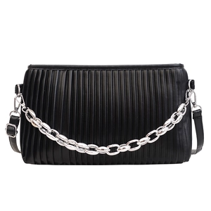 Fashion Women PU Leather Pleated Crossbody Bag With Silver Chain Strap Trendy Solid Color Shoulder Bag Versatile Handbag