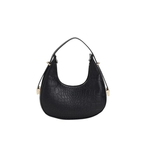 Minimalist black crocodile pattern crescent shoulder bag with golden hardware