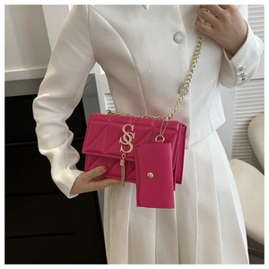 Détail du sac matelassé rose avec chaîne dorée à franges en S et pochette assortie