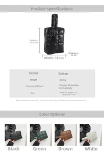 Detailed size chart and multi-color view of mini quilted cotton tote bag with dimensions