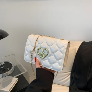 Women Quilted PU Leather Shoulder Bag With Heart Metal Lock Gold Chain Strap Casual Fashion Crossbody Small Square Bag