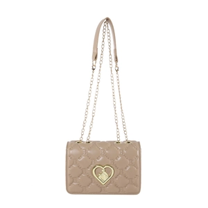 Beige quilted shoulder bag with heart clasp and gold chain strap in minimalist style