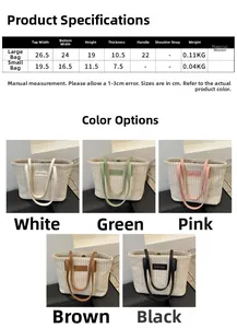 Guide des tailles pour sacs cabas en paille avec dimensions et options de couleurs