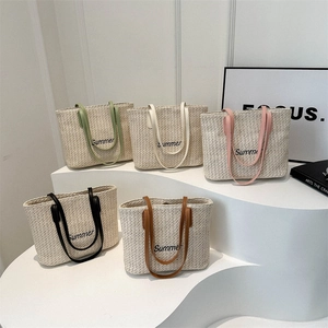 Sac Cabas en Paille Tissée pour Femme Été Sac à Épaule de Plage Décontracté Avec Broderie de Lettres Grande Capacité