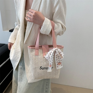 Women Straw Woven Handbag Summer Embroidery Shoulder Bag With Satin Scarf Decor Casual Beach Vacation Tote