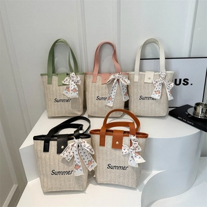 Large capacity summer woven straw handbag with silk scarf decoration in five colors