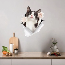 3D playful cat wall sticker popping out of a wall crack for bathroom home decor