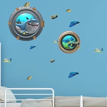 Detailed submarine porthole wall stickers with ocean world theme for kids bathroom