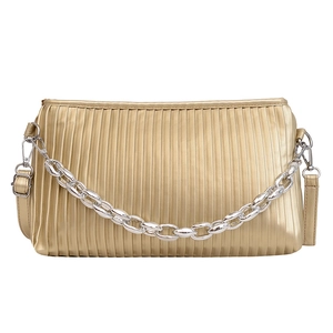 Elegant champagne gold pleated handbag with a metallic finish and stylish silver chain