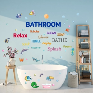 Ocean World Bathroom Wall Decals Waterproof PVC Cartoon Sea Fish Crab Bubbles Stickers For Bathtub Kids Nursery Room