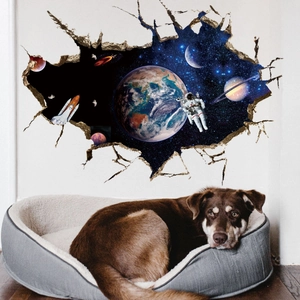 3D astronaut space wall decal with galaxy planet and shuttle view for room decor