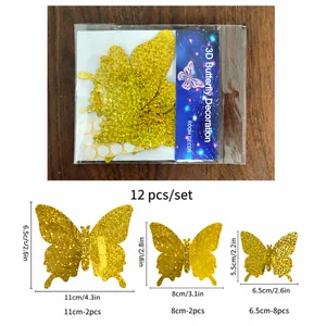 Detailed size guide for 12pcs gold 3D glitter butterfly wall stickers in three sizes