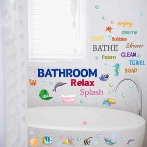 Ocean world bathroom wall stickers featuring fish, bubbles and relaxation quotes