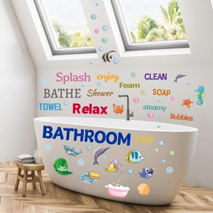Cartoon ocean sea world wall stickers for bathroom featuring fish seahorse and bubbles