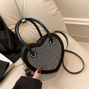 Borsa a Tracolla alla Moda a Forma di Cuore con Strass in Pelle PU Con Catena Per Donna