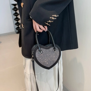 Elegante borsa a mano a forma di cuore con strass argentati e tracolla per donna