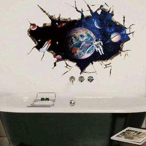 Detailed 3D wall sticker featuring astronauts and planets through a cracked wall effect