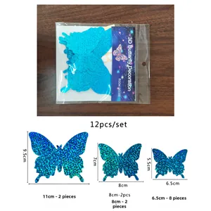 Detailed dimensions of 12pcs blue 3D butterfly wall stickers with glitter finish