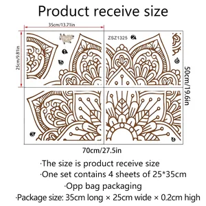 Size guide for lotus mandala wall stickers showing 4-piece layout at 70x50 cm overall