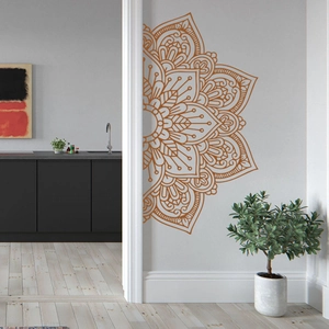 Copper-colored lotus mandala wall decal with bohemian geometric pattern for home decor
