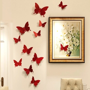 3D red glitter butterfly wall stickers with double wings for living room home decoration