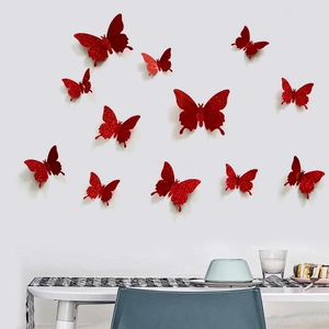 Set of 12 red glitter 3D butterfly wall stickers in various sizes for home decoration