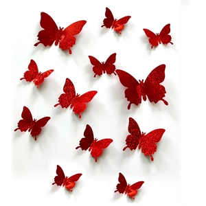 Detailed set of 11 red glitter 3D butterfly wall stickers for home decoration
