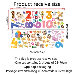 Detailed size specifications for dinosaur and animal cartoon alphabet wall decals set