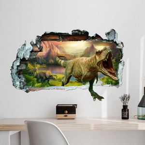 3D Dinosaur Wall Stickers Broken Wall Effect Animal World PVC Waterproof Removable Decals For Kids Room Bedroom Living Room